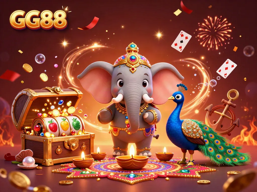 Experience the excitement of GG88 with vibrant casino elements and festive visuals in this engaging illustration.
