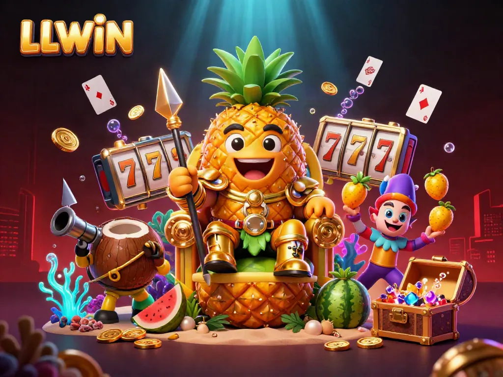 LLWIN casino-themed scene with golden pineapple king and vibrant gaming elements.