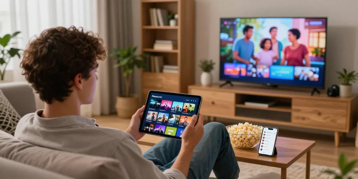 Pikashow APK streaming interface shown on a tablet in a cozy living room setting.