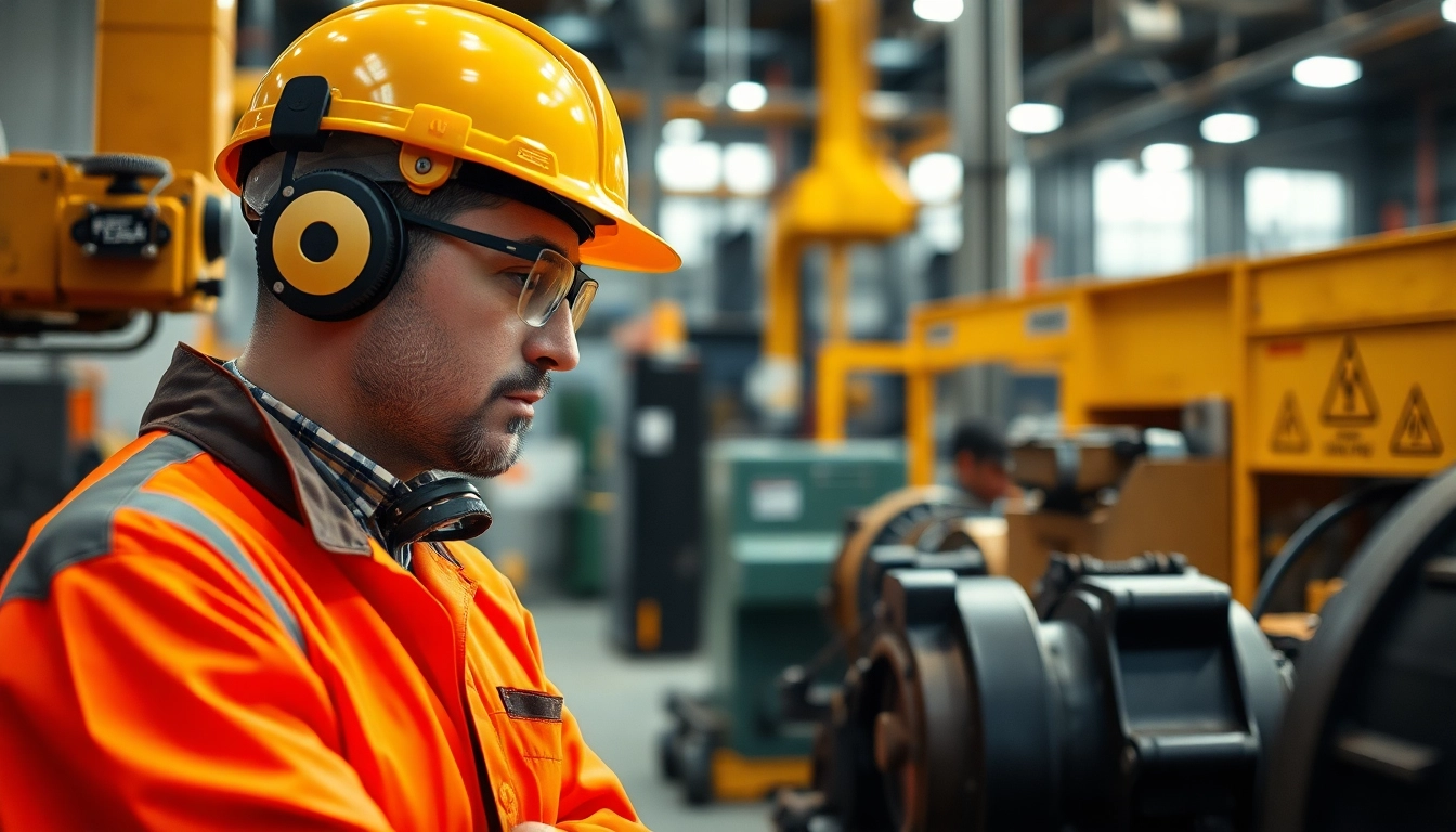Evaluate physical hazards with a safety expert in an industrial workspace filled with equipment.