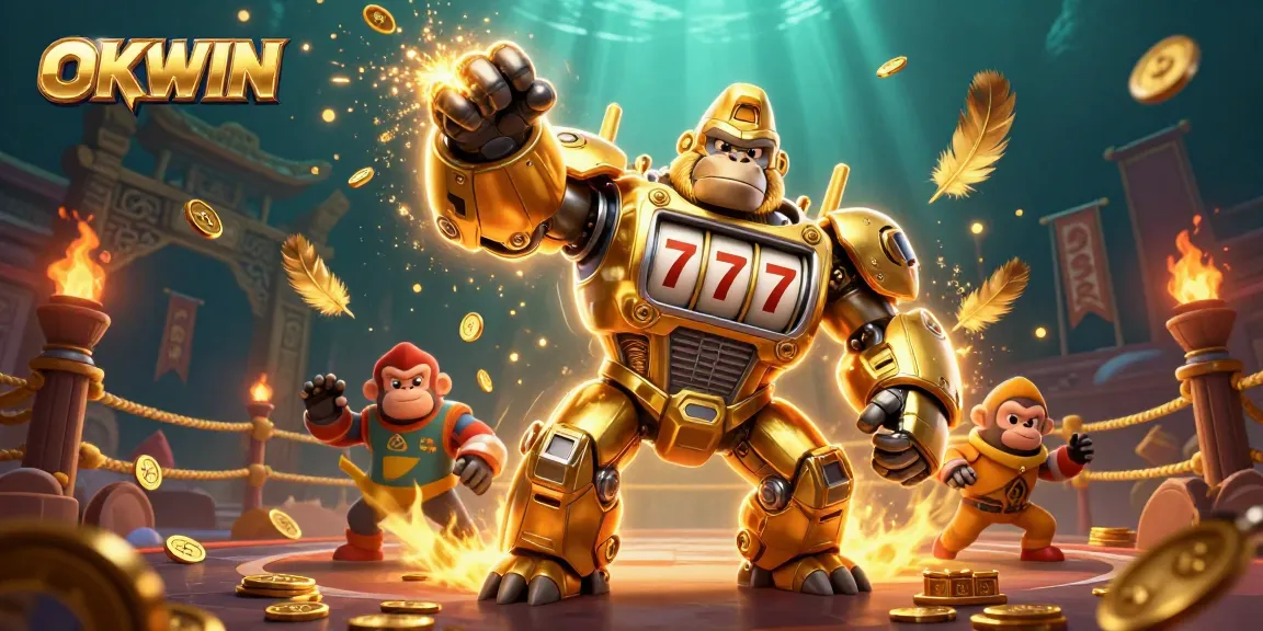 Experience the thrill of gaming with OKWIN's dynamic golden gorilla mech smashing through coins!