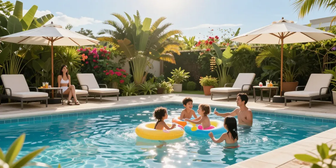 Dolphin Pool Services - Family enjoying time by a sparkling pool in a vibrant garden setting, showcasing summer fun and relaxation.