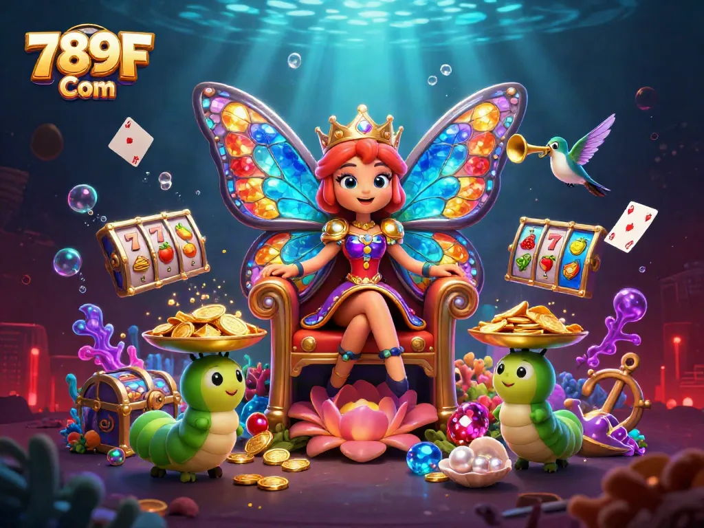 Experience big wins at 789F Com with vibrant casino elements and a vivid butterfly queen.