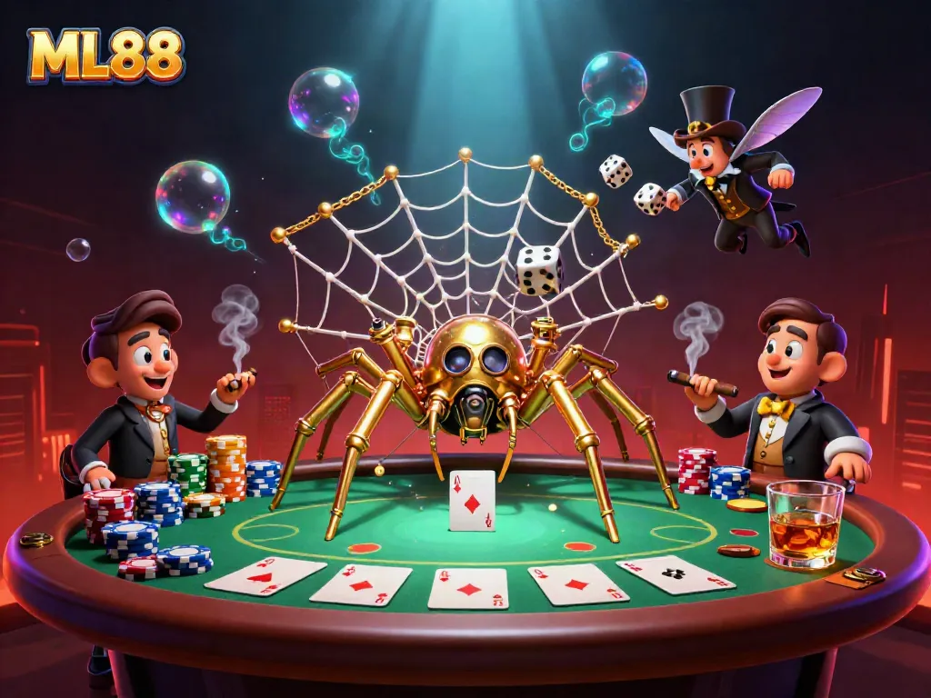 Engage in thrilling casino action with ML88 featuring a steampunk spider and poker elements.