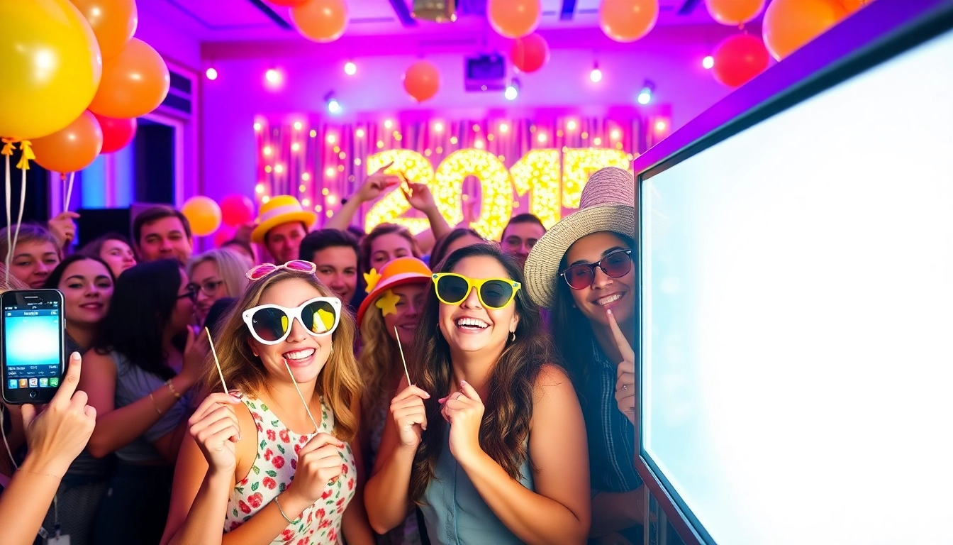Guests enjoying a fun photo booth rental with colorful props and lively backdrop.