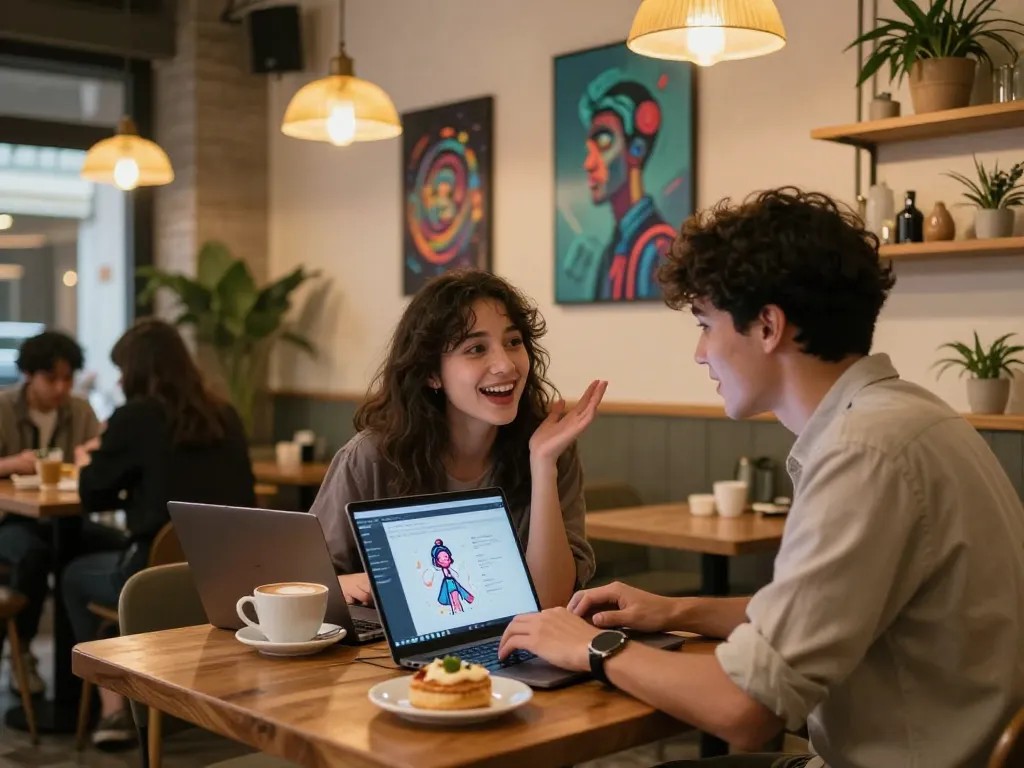 Couple enjoying free AI sex chat in a cozy café setting, with laptops open and playful interaction.