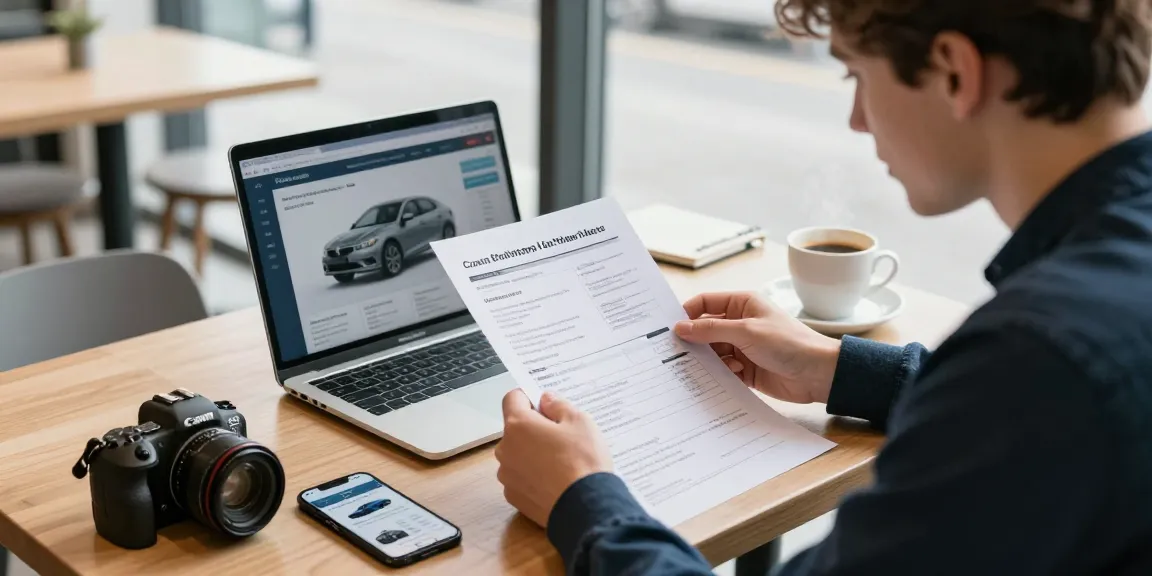 Young car buyer reviewing a car history check UK report in a café, showcasing vehicle insights.
