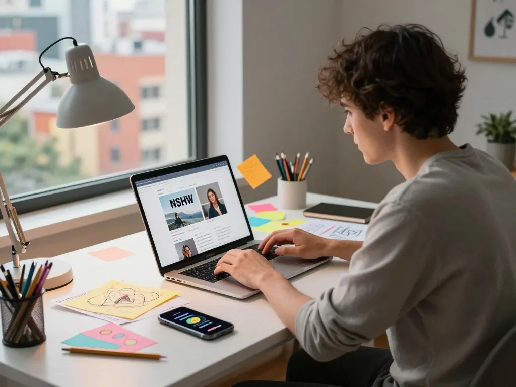 NSFW content creation in a vibrant modern home office with creative tools and energetic atmosphere.