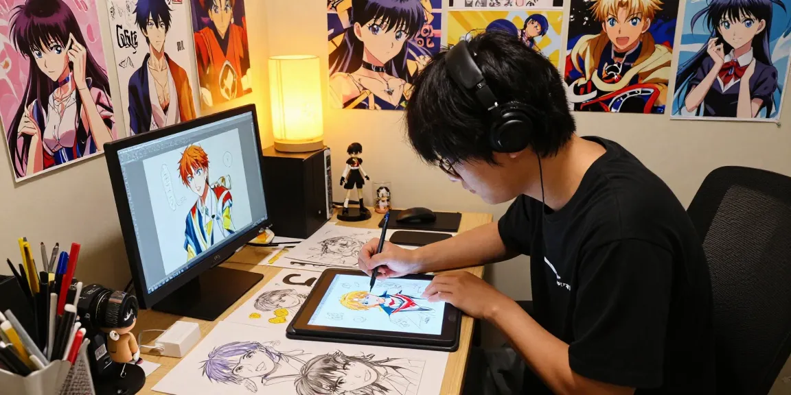 Creative workspace for ai ecchi art with sketches and vibrant colors