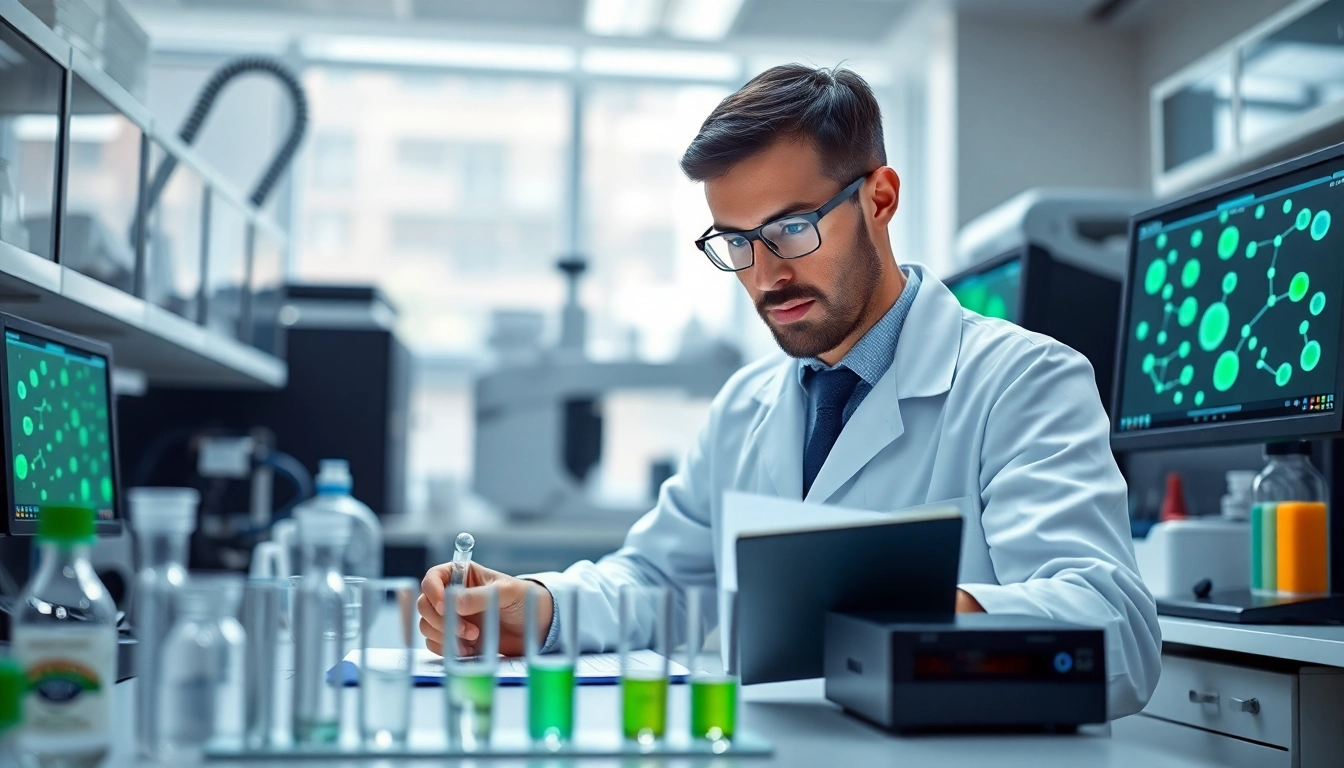 Scientist studying Retatrutide in a modern lab, surrounded by advanced research tools.