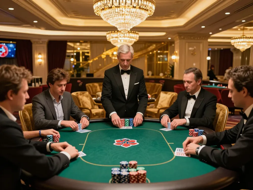 Players engage in a high-stakes poker game at FC88's luxury venue, showcasing strategic gameplay and excitement.
