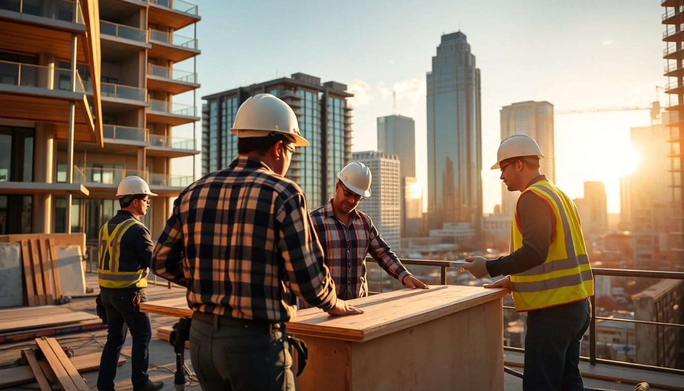 Commercial renovation company Austin performing renovations with skilled workers and city skyline background.