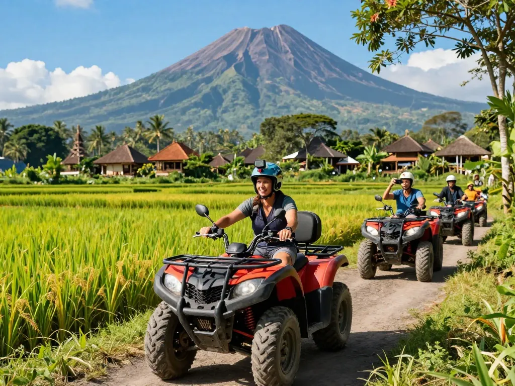 Adventurous traveler enjoying an exciting ATV tour while searching for Bali tour packages amidst lush landscapes.
