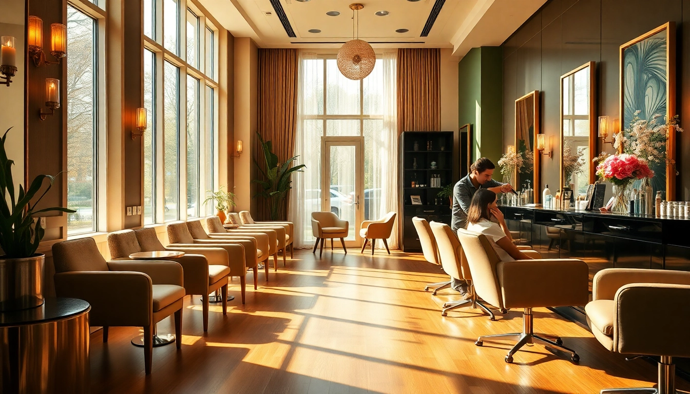 Luxury hair salons showcasing elegant interiors and professional stylists offering high-end hair services.