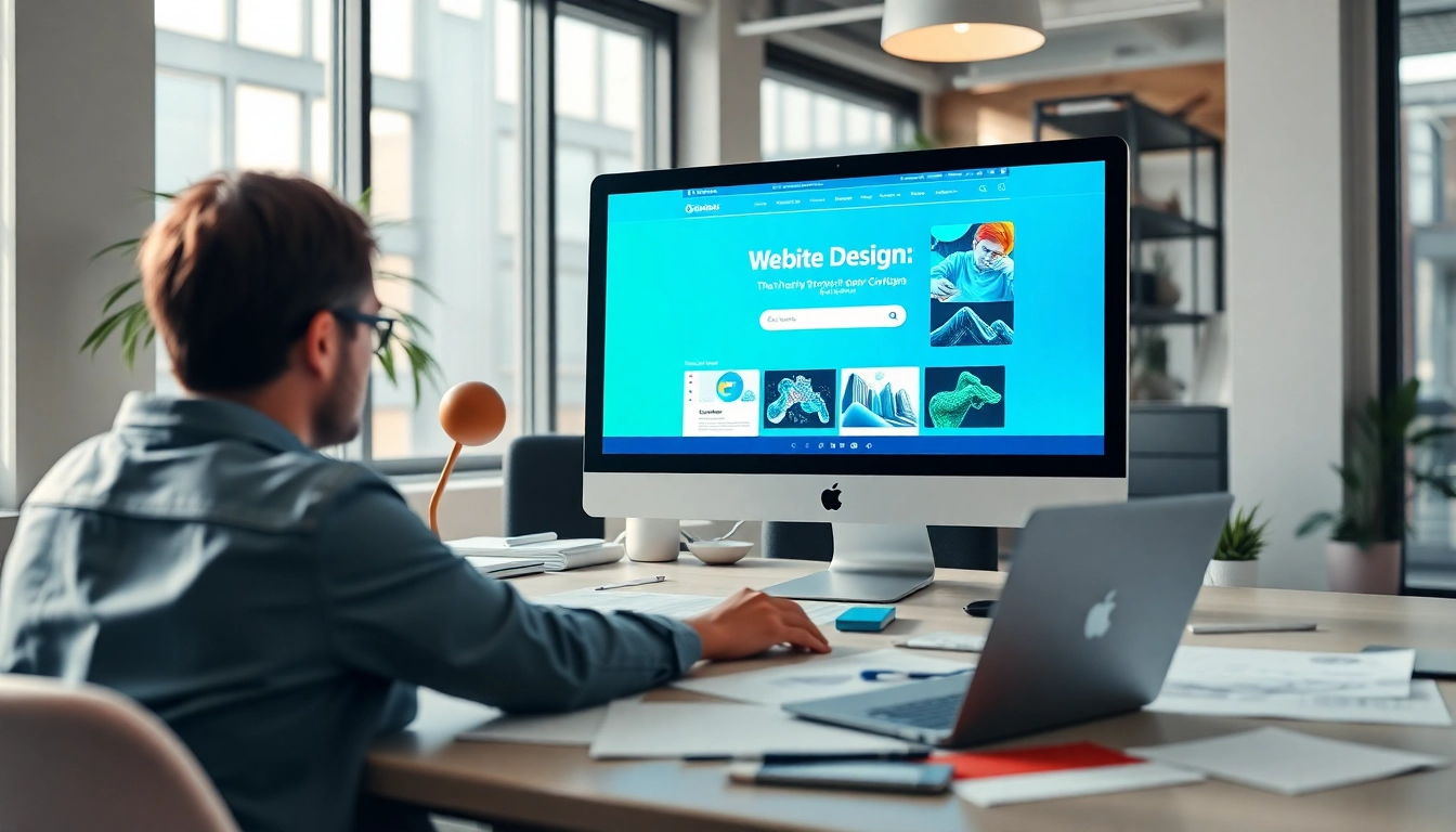 Website design NYC with a modern office setup featuring a professional designer at work.