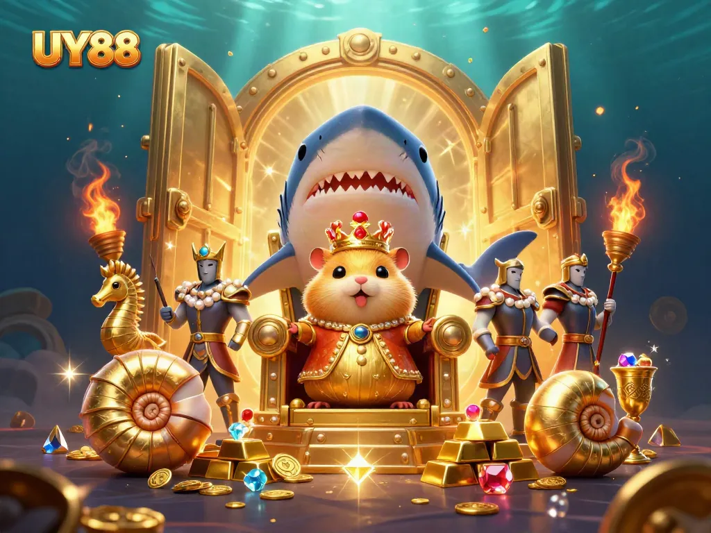 Experience the thrill of gaming at UY88 with a golden hamster king ruling a treasure-laden underwater realm.