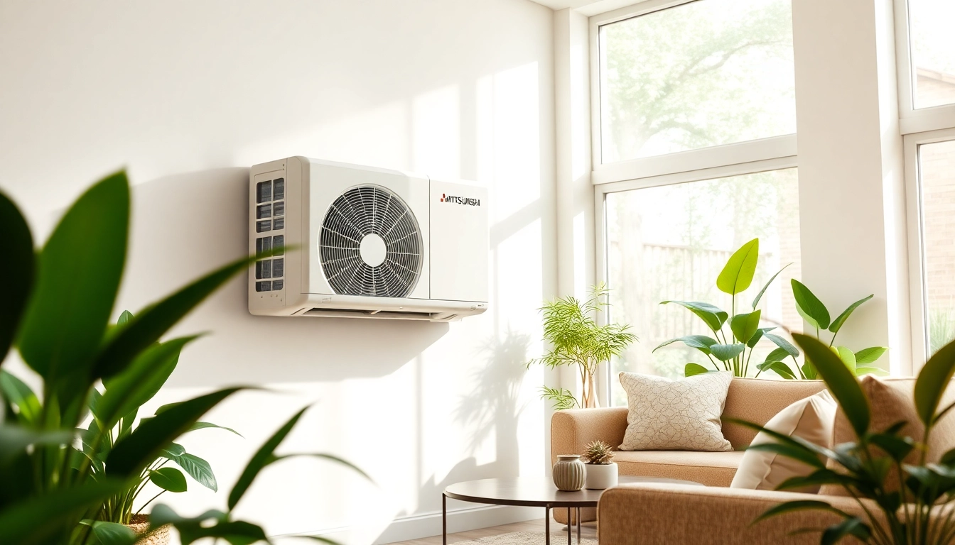 Showcasing a mitsubishi mini split ac in a stylish living room with natural light.