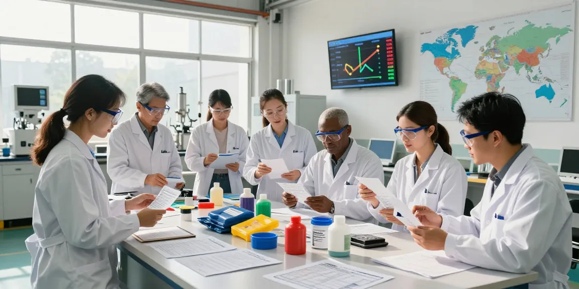 Team collaborating to export chemicals worldwide with samples and data sheets in a bright warehouse.