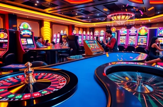 Exciting atmosphere highlighting the best crypto casinos with vibrant gaming tables and players celebrating wins.