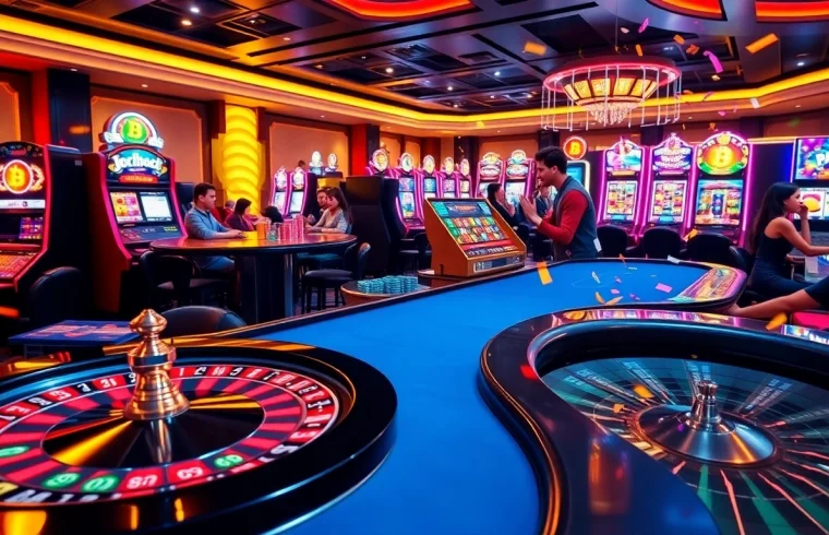 Exciting atmosphere highlighting the best crypto casinos with vibrant gaming tables and players celebrating wins.