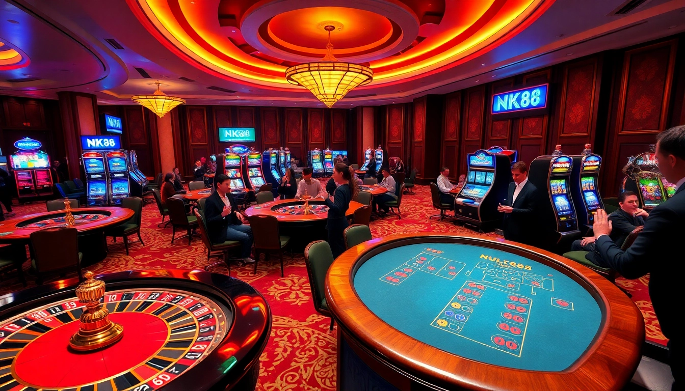 NK88 casino scene depicting players winning at elegant card tables and slot machines.