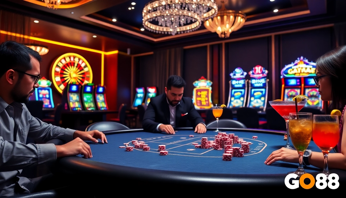 Players enjoying a high-stakes game at the GO88 poker table with roulette wheel and slot machines in a vibrant casino environment.