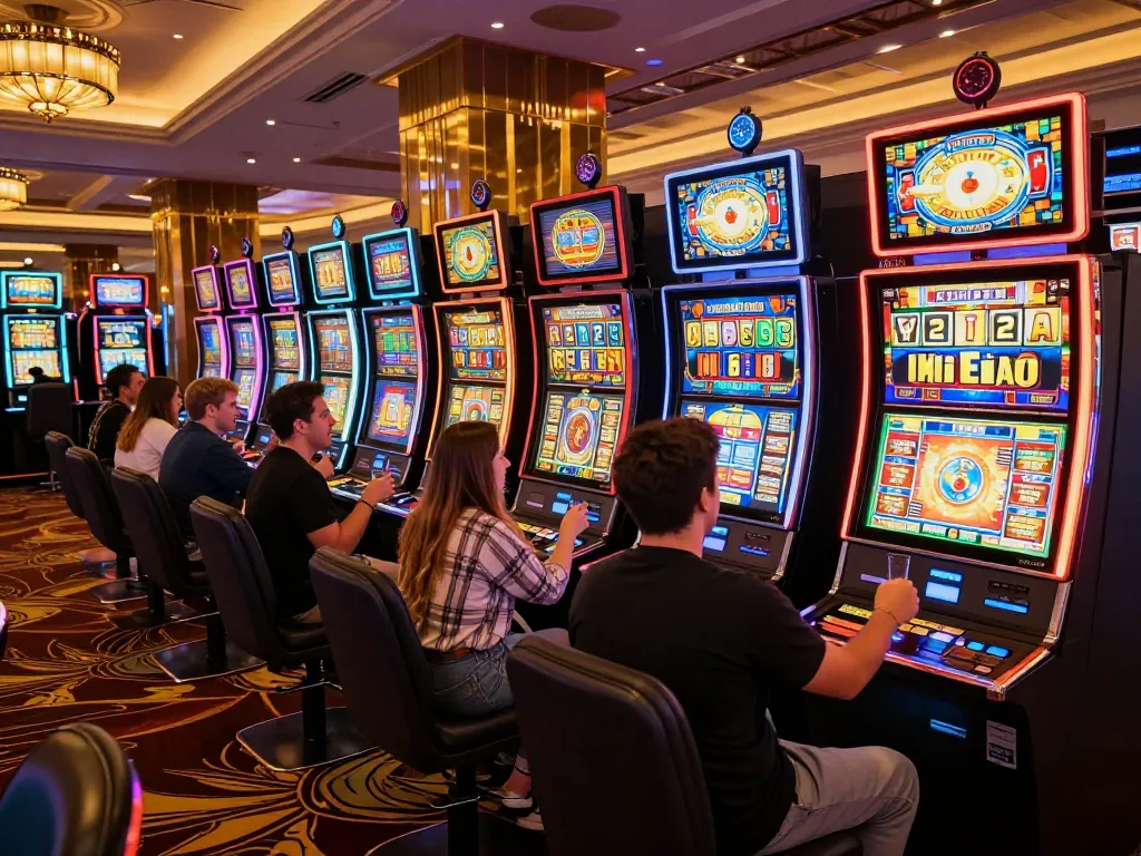 Players celebrating wins at colorful go8 slot machines in a lively casino atmosphere