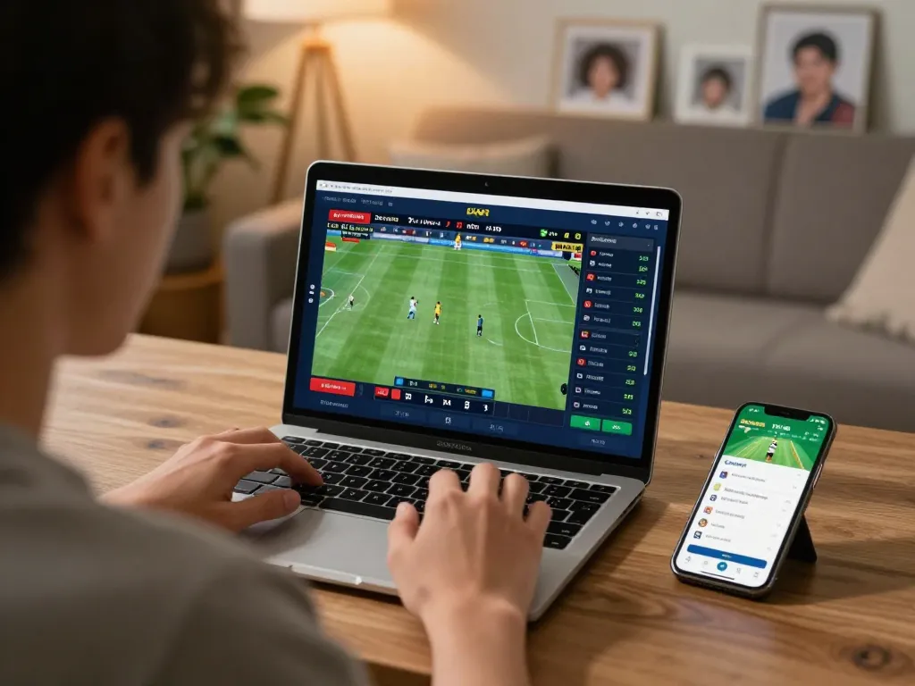 Engaging in live sports betting with FC88 odds visible on the laptop in a cozy home setting