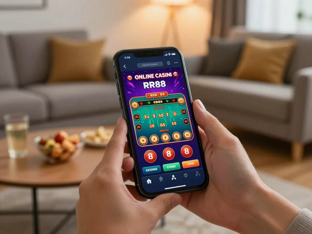 Engaged user playing RR88 on mobile device, showcasing online casino experience