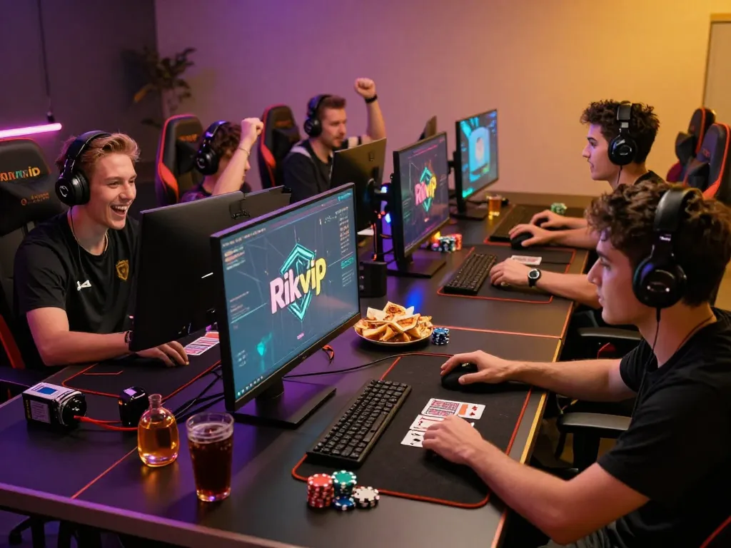 Rikvip online gaming experience with friends around a modern gaming table showcasing competitive play and camaraderie.