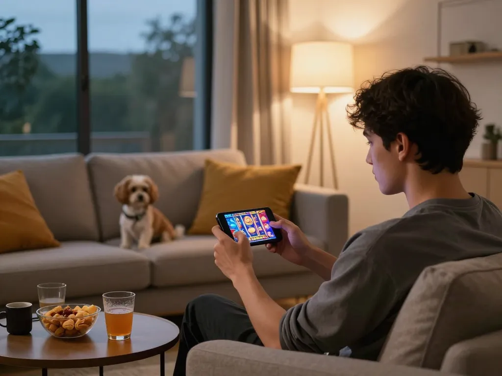 Engaging player enjoying dk7 สล็อต smartphone game in a cozy living room.