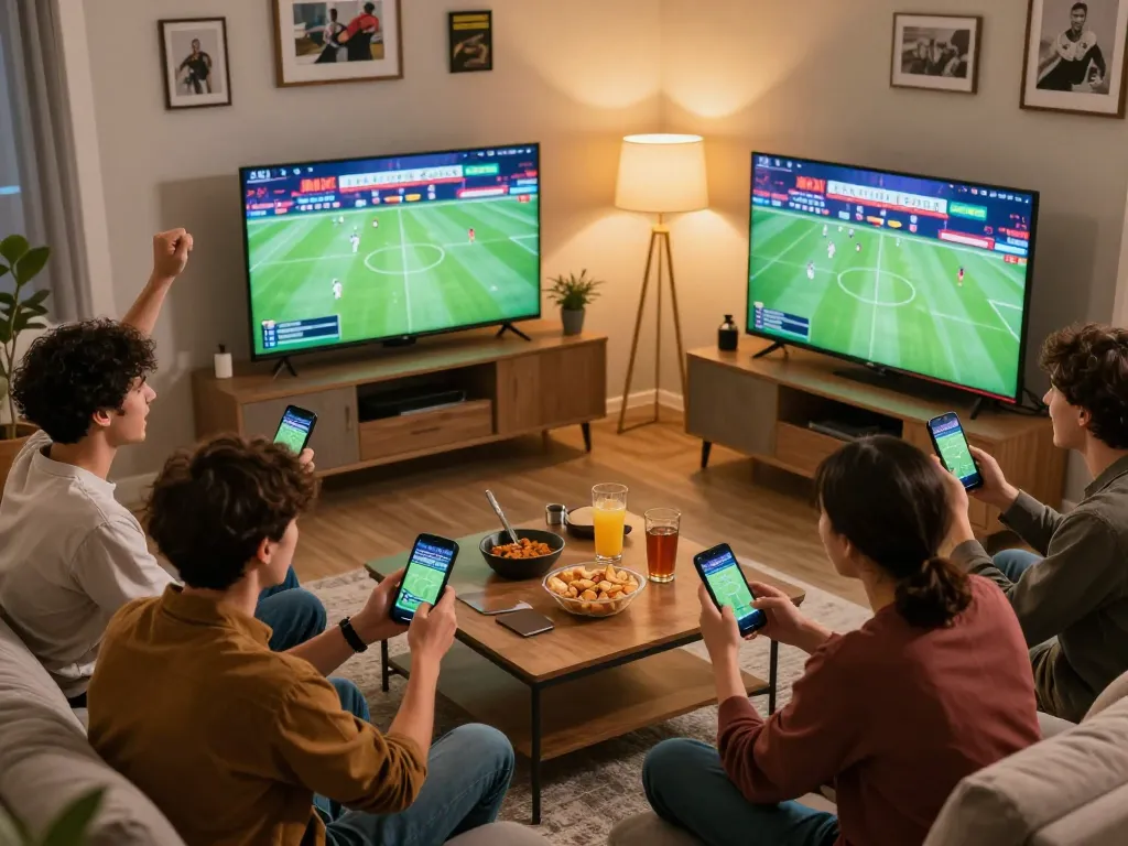 Teman-teman yang terlibat dalam taruhan Mix Parlay sambil menonton olahraga di lingkungan rumah yang meriah.