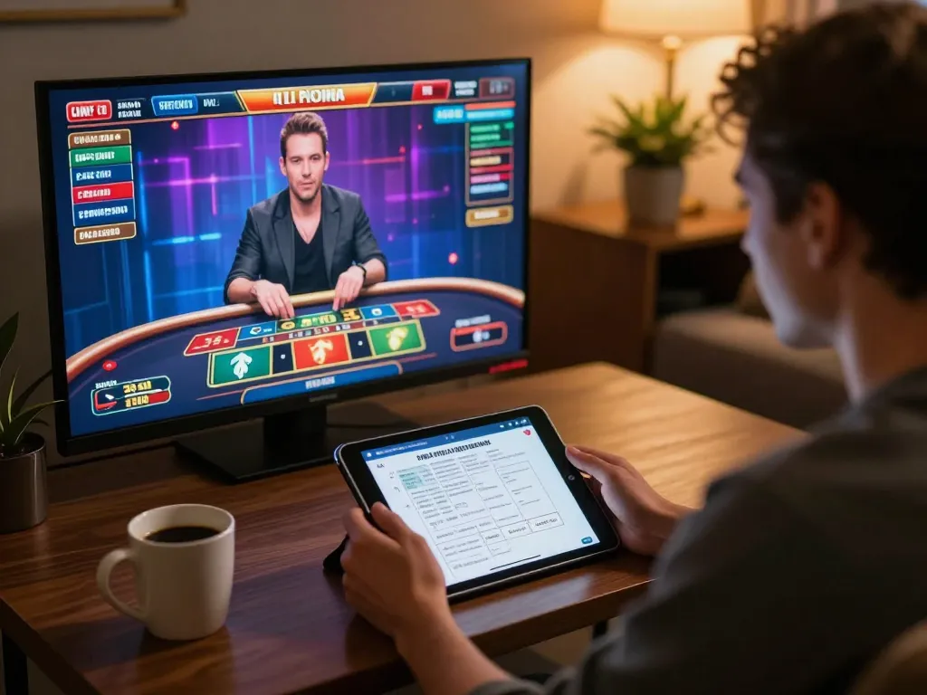 Player engaging with online casino gameplay at LV88, displaying strategies on tablet with warm home ambiance