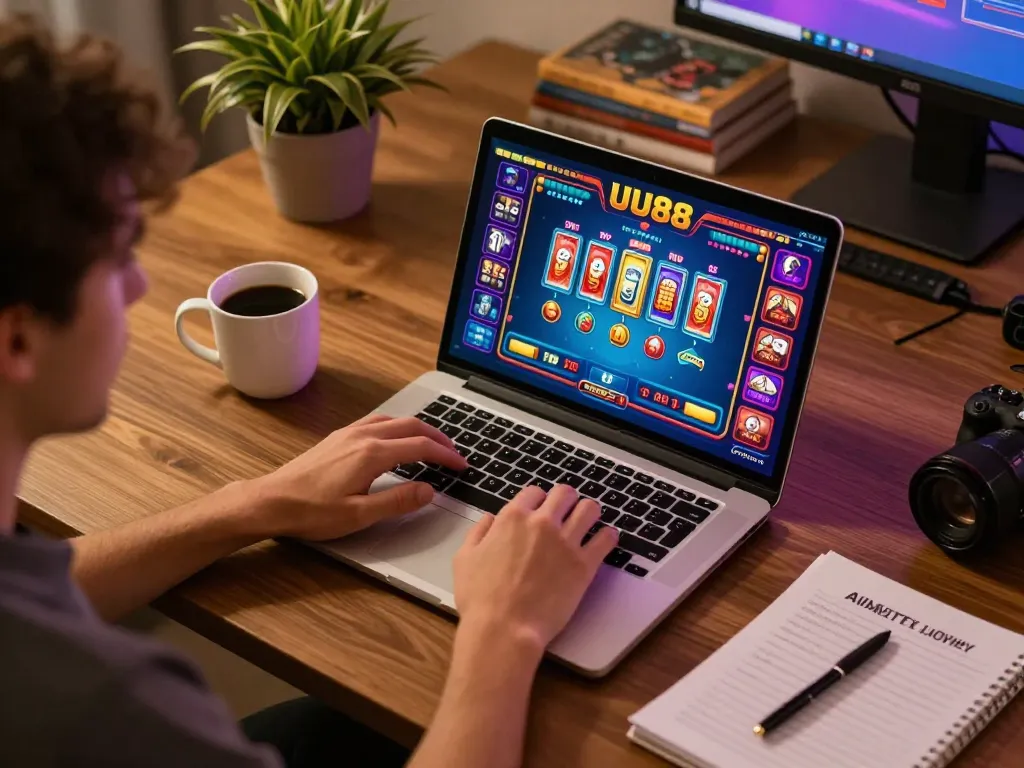 UU88 player engaging in online gaming strategy at home with laptop, showcasing vibrant casino interface.