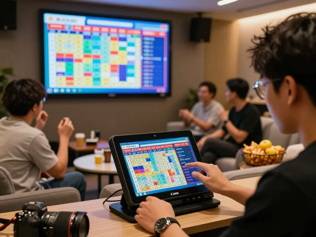 Penggemar taruhan memeriksa hasil lotere Data HK secara langsung dengan teman-teman di lounge yang meriah.
