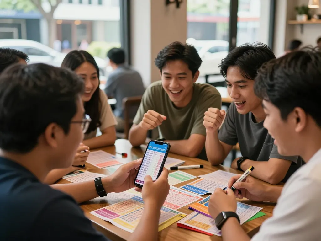 Kumpulan teman memeriksa hasil lotere Data HK di smartphone dalam suasana kafe yang hidup.