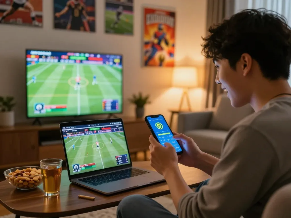 Engaging home sports betting setup highlighting kèo nhà cái 5 experience with bets being placed on mobile app.