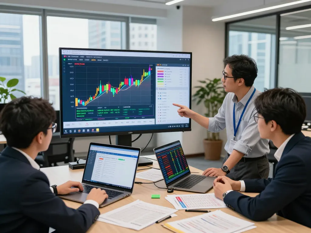 Menganalisis tren Data HK dengan analis yang mendiskusikan hasil lotere dan strategi di kantor yang cerah.