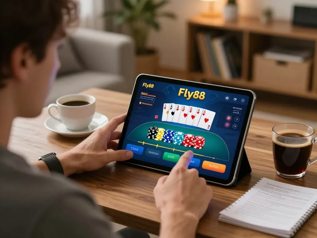 Player experiencing the excitement of fly88 select online casino gaming at home with tablet and notes.