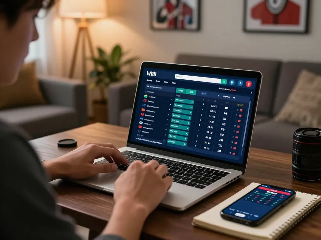 Tỷ lệ kèo nhà cái 5 displayed on a laptop as a bet is analyzed in an engaging home environment.