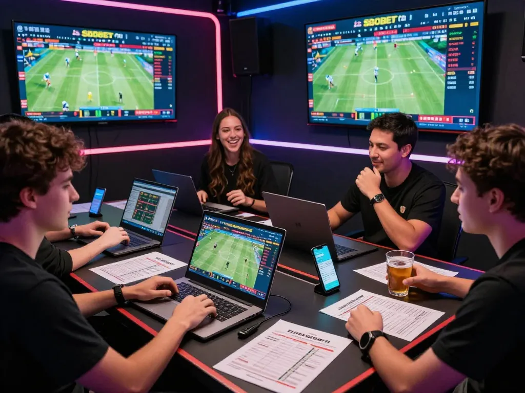 SBOBET online sports betting experience with enthusiastic bettors celebrating a win.