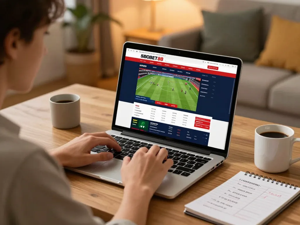 Pengguna SBOBET88 terlibat dalam taruhan olahraga langsung di rumah, layar laptop menampilkan odds dan statistik.