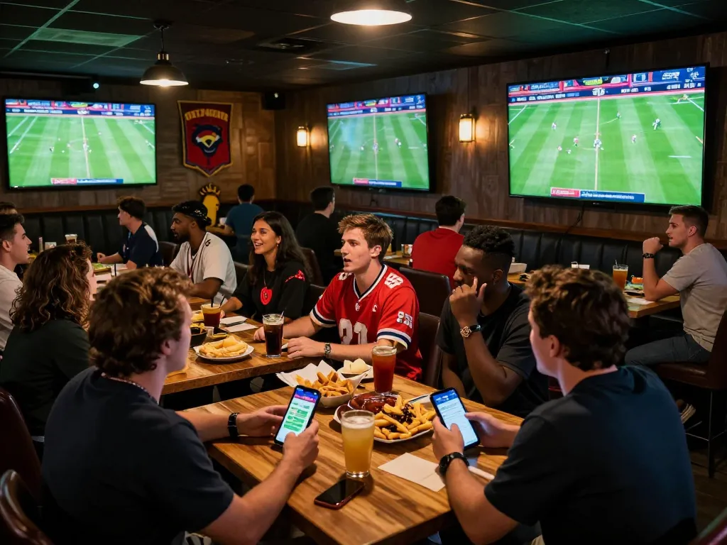 SOCOLIVE app in action as patrons engage in sports betting while enjoying a football match.