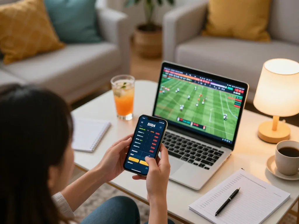 ee88go user engaging in live sports betting on smartphone while enjoying comfortable home atmosphere