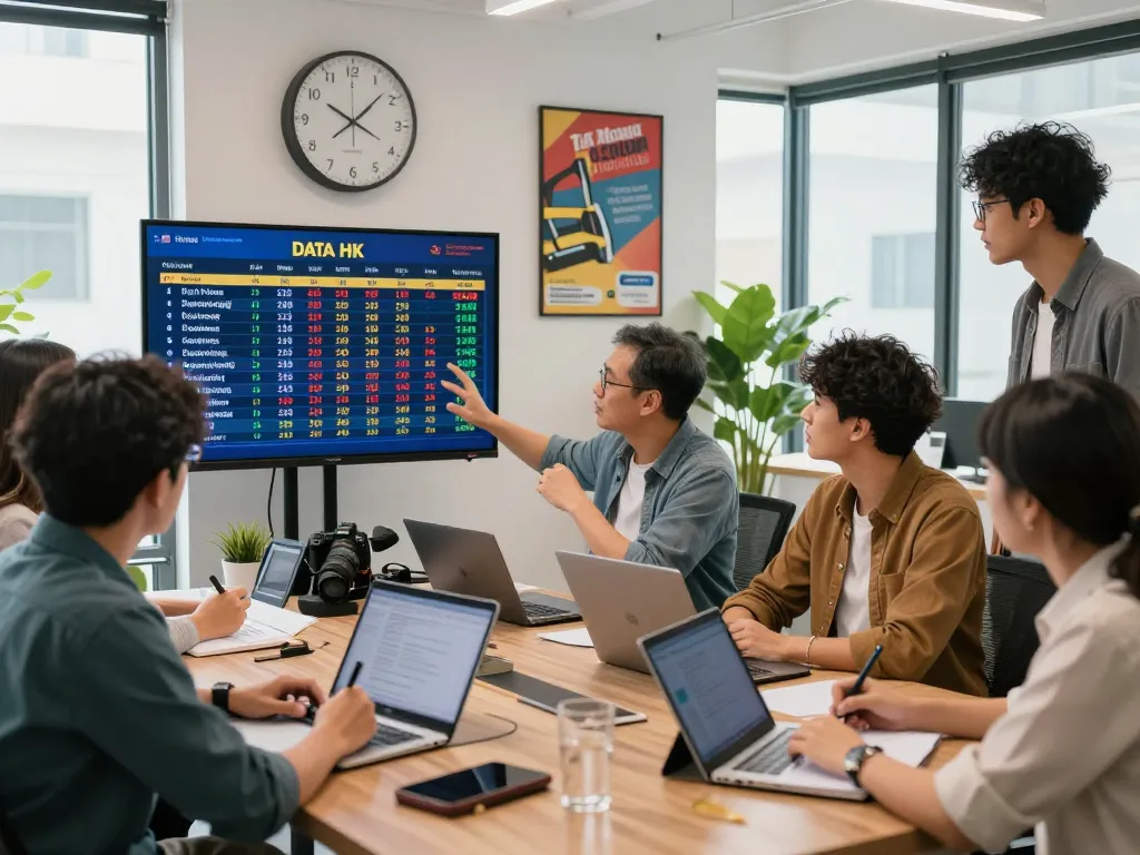 Individu yang terlibat di sekitar layar digital yang menampilkan hasil Data HK, menunjukkan kerja tim dan kegembiraan di kantor yang semarak.