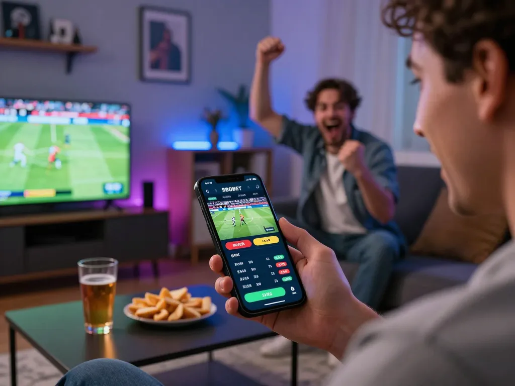 Aplikasi taruhan SBOBET ditampilkan di smartphone selama pesta menonton olahraga yang mendebarkan.