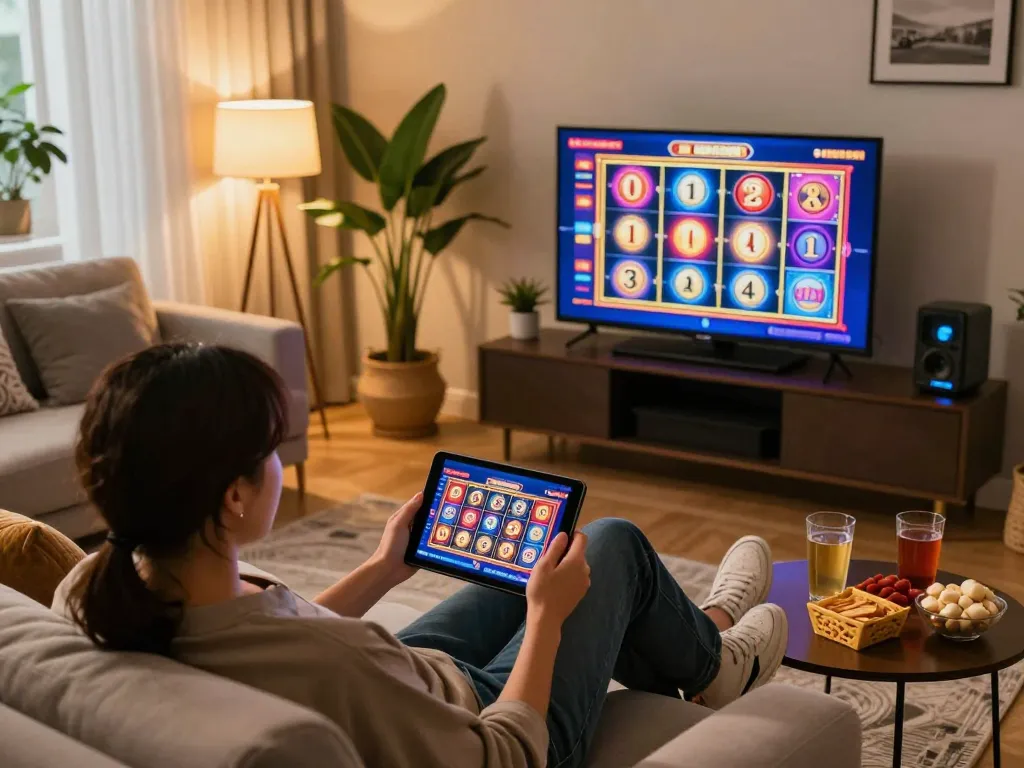 Luck8 player enjoying a slot game on a tablet in a cozy home setting.