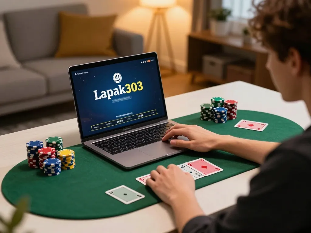 Engaged player using laptop for Situs Poker Lapak303 poker game, with colorful chips and warm lighting.