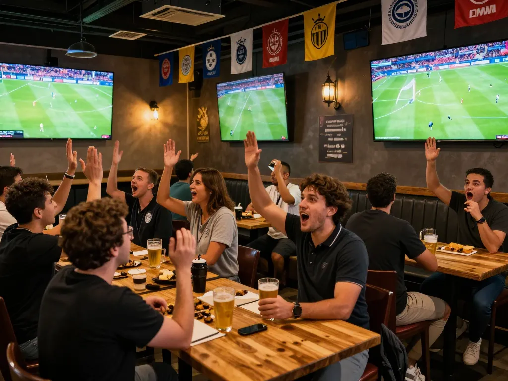 Fans celebrating a goal while xem bóng đá trực tiếp at a lively sports bar, drinks in hand, vibrant atmosphere
