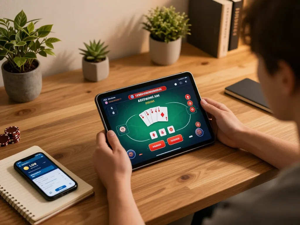Engaging in lc88 đăng nhập on a tablet, showcasing personalized online casino strategy in a cozy setting.